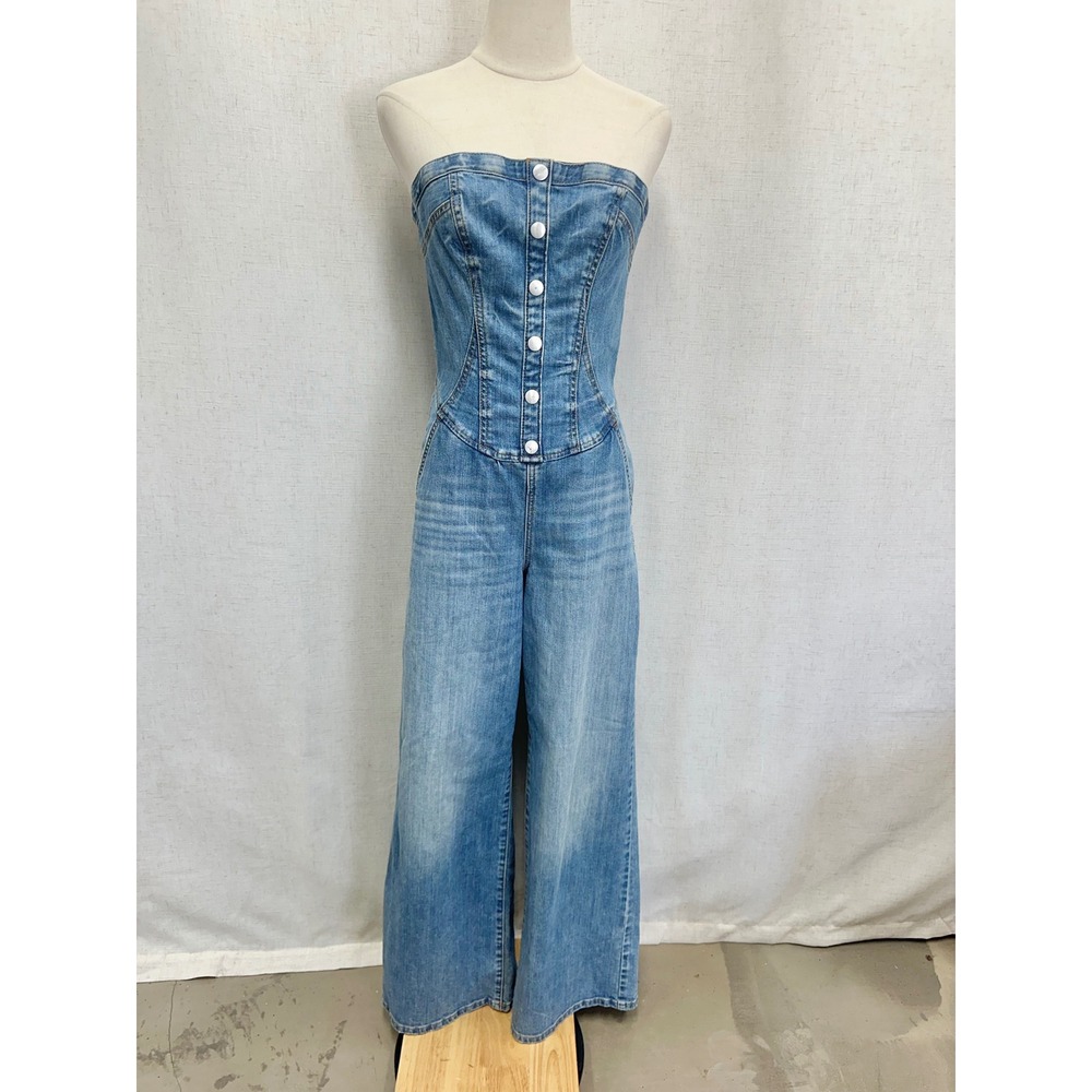 Pilcro Strapless Denim Corset Jumpsuit‎ Womens 6 Light Blue Wide Leg Corset - Picture 2 of 16